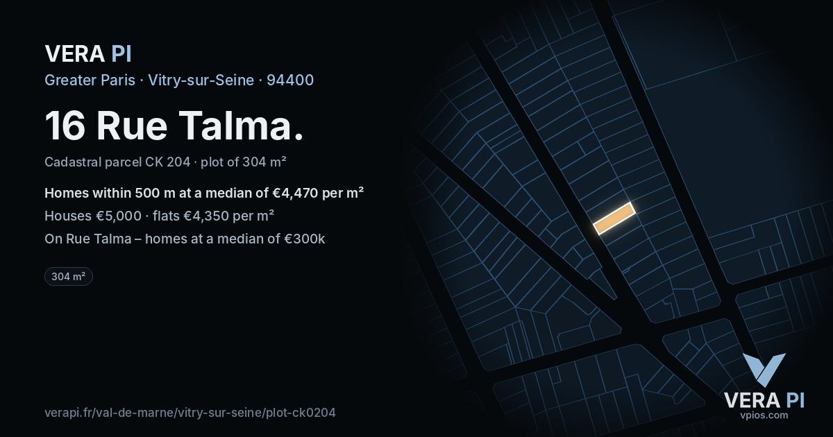16 Rue Talma, Vitry-sur-Seine at night – the plot lit, the parcels around coloured by the prices near them