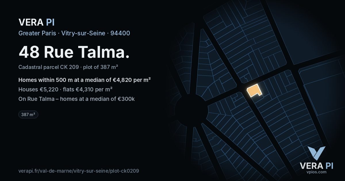 48 Rue Talma, Vitry-sur-Seine at night – the plot lit, the parcels around coloured by the prices near them