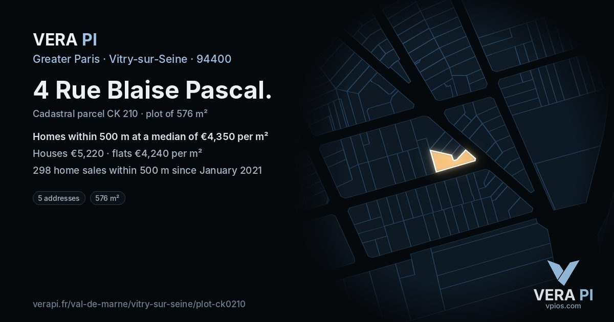 4 Rue Blaise Pascal, Vitry-sur-Seine at night – the plot lit, the parcels around coloured by the prices near them