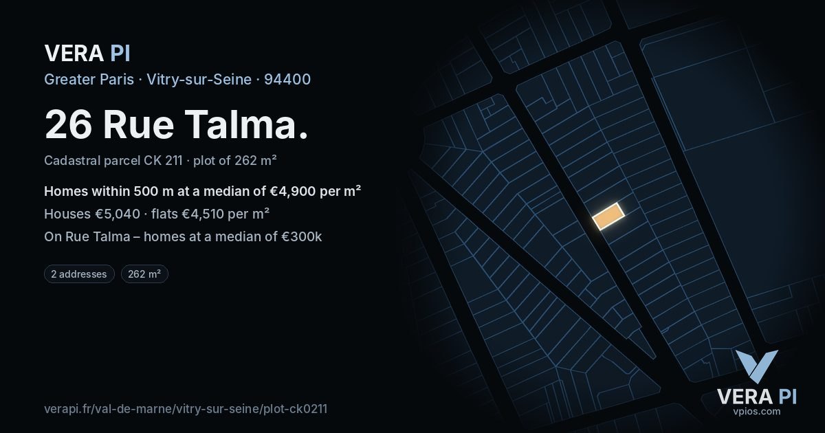 26 Rue Talma, Vitry-sur-Seine at night – the plot lit, the parcels around coloured by the prices near them