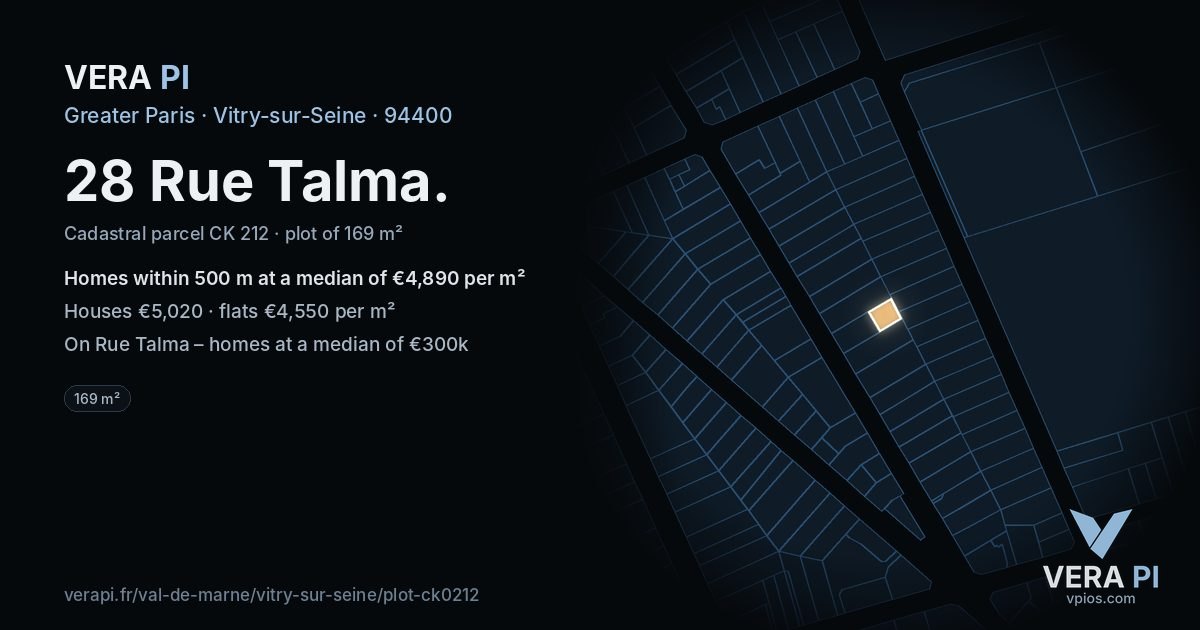 28 Rue Talma, Vitry-sur-Seine at night – the plot lit, the parcels around coloured by the prices near them