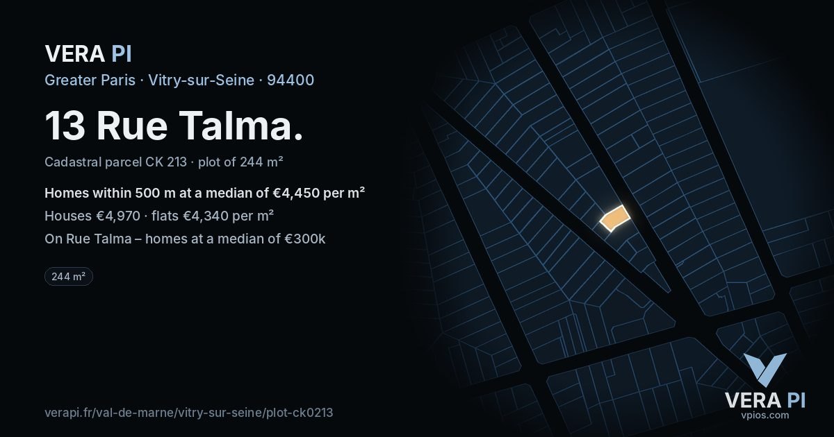 13 Rue Talma, Vitry-sur-Seine at night – the plot lit, the parcels around coloured by the prices near them