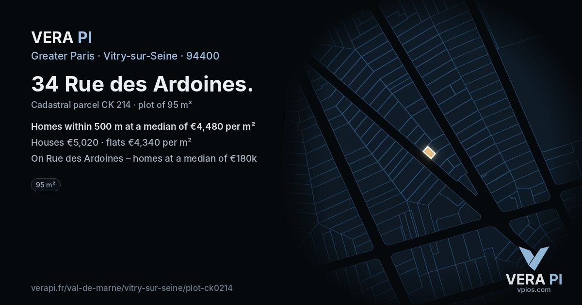 34 Rue des Ardoines, Vitry-sur-Seine at night – the plot lit, the parcels around coloured by the prices near them