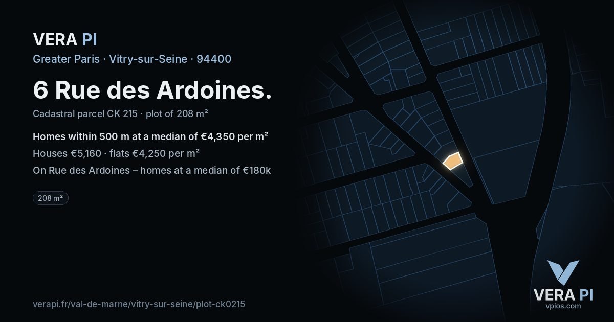 6 Rue des Ardoines, Vitry-sur-Seine at night – the plot lit, the parcels around coloured by the prices near them