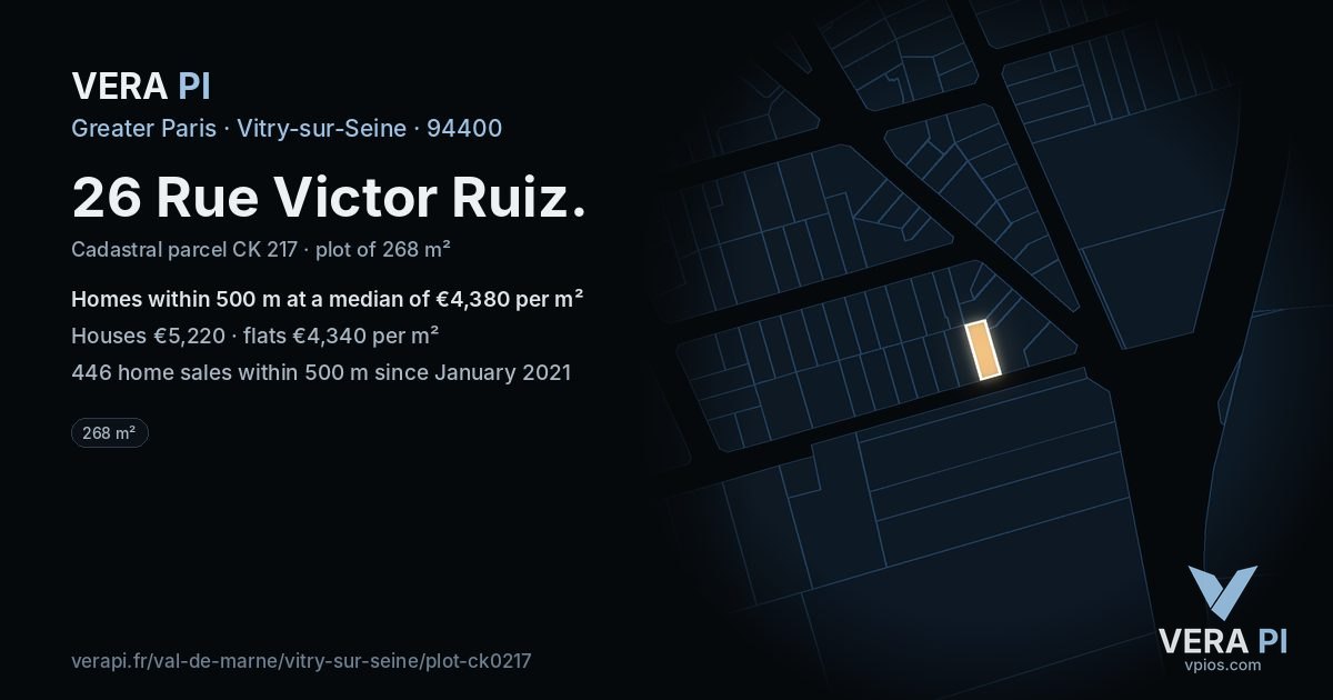 26 Rue Victor Ruiz, Vitry-sur-Seine at night – the plot lit, the parcels around coloured by the prices near them