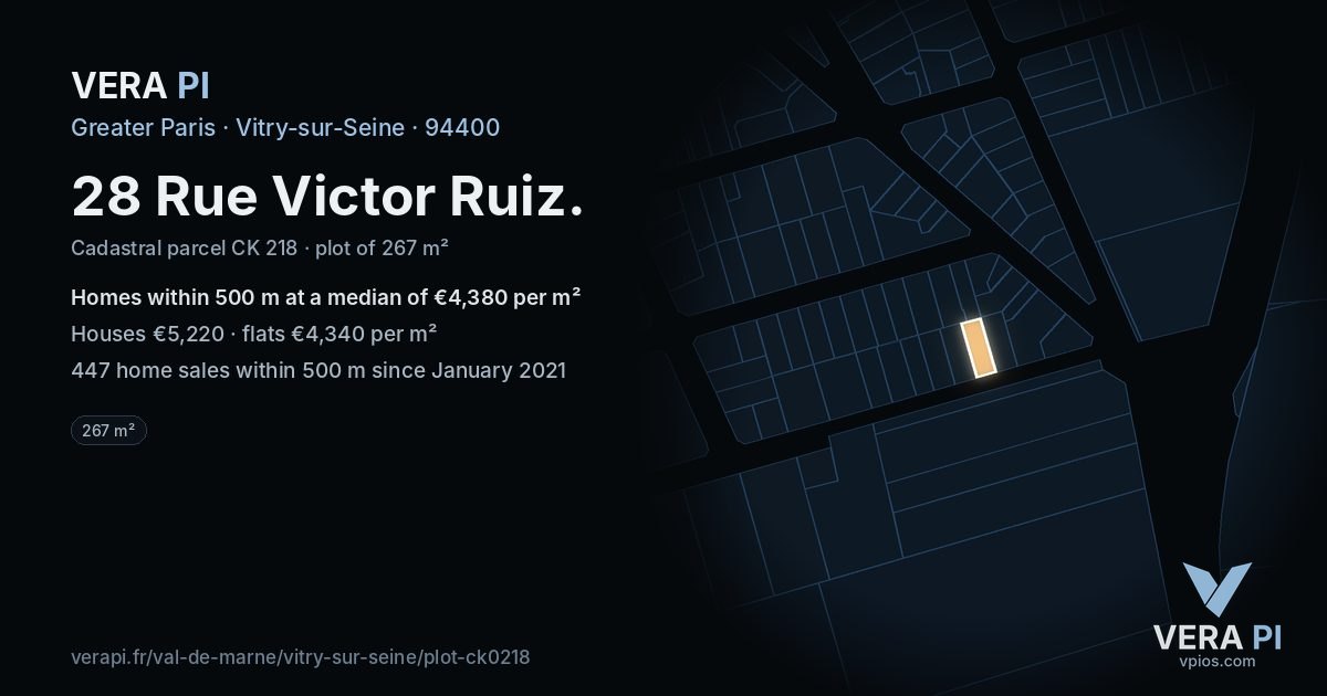 28 Rue Victor Ruiz, Vitry-sur-Seine at night – the plot lit, the parcels around coloured by the prices near them