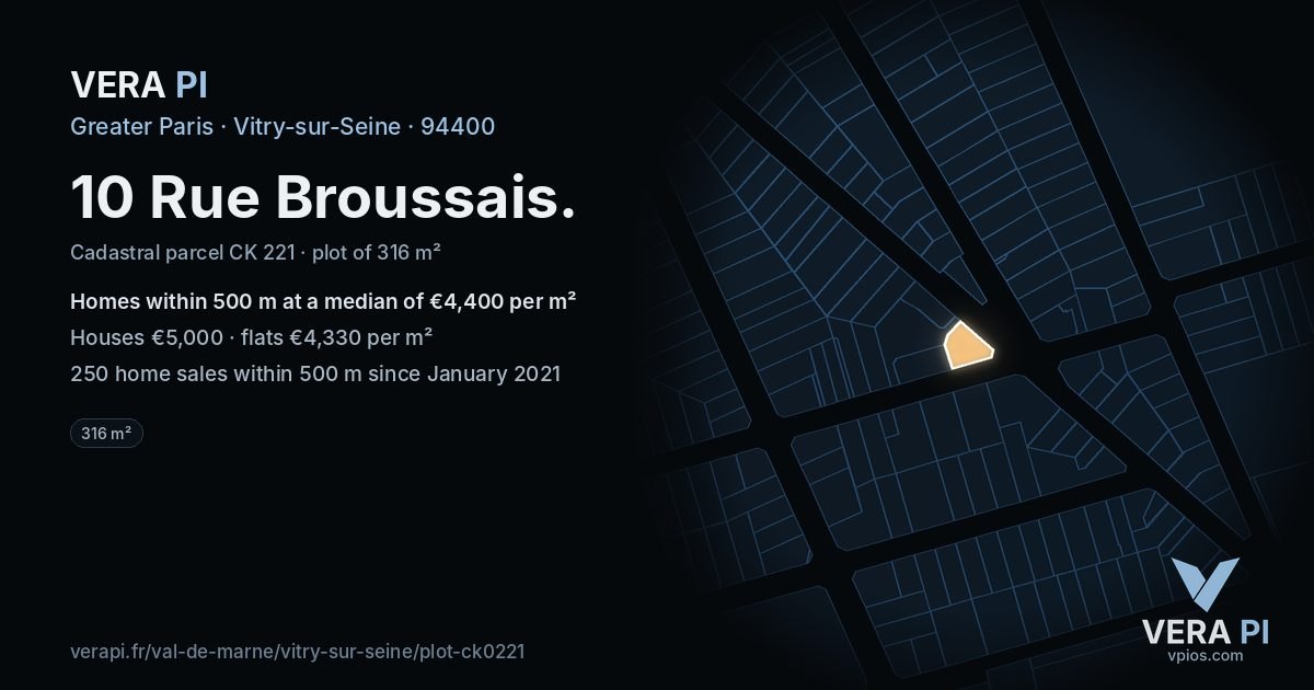 10 Rue Broussais, Vitry-sur-Seine at night – the plot lit, the parcels around coloured by the prices near them