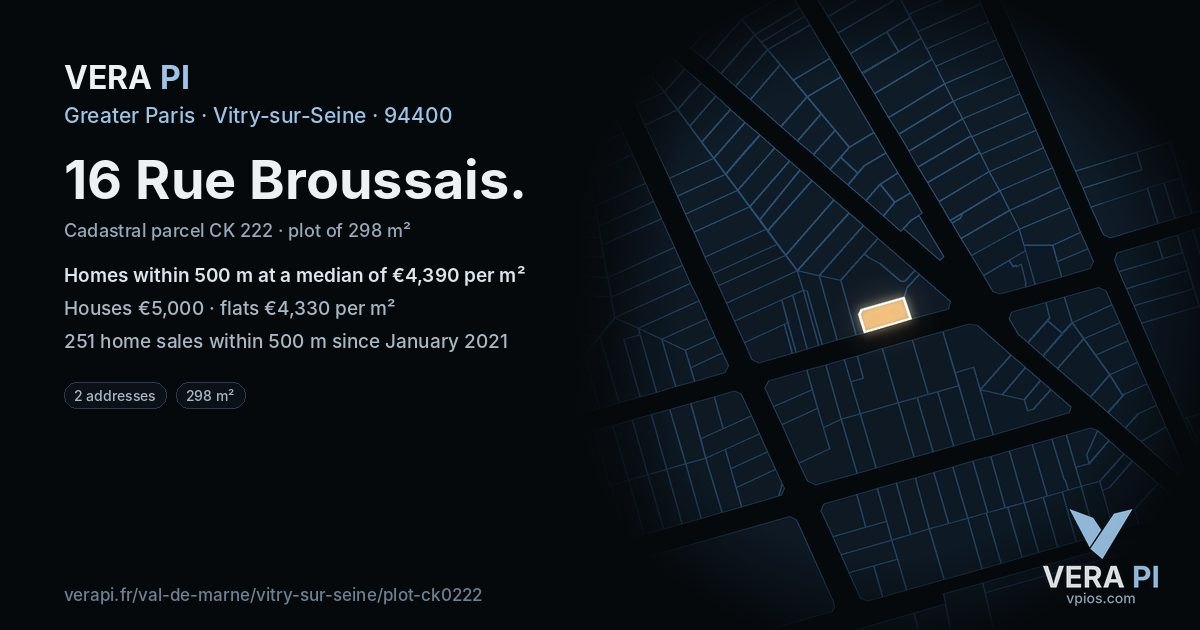 16 Rue Broussais, Vitry-sur-Seine at night – the plot lit, the parcels around coloured by the prices near them