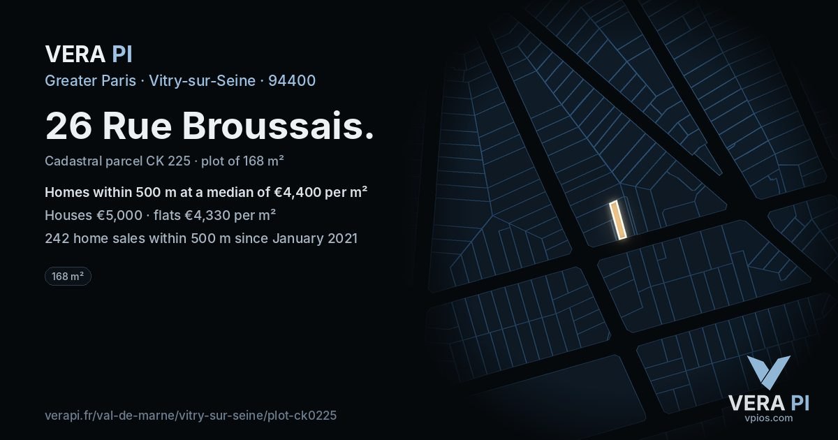 26 Rue Broussais, Vitry-sur-Seine at night – the plot lit, the parcels around coloured by the prices near them
