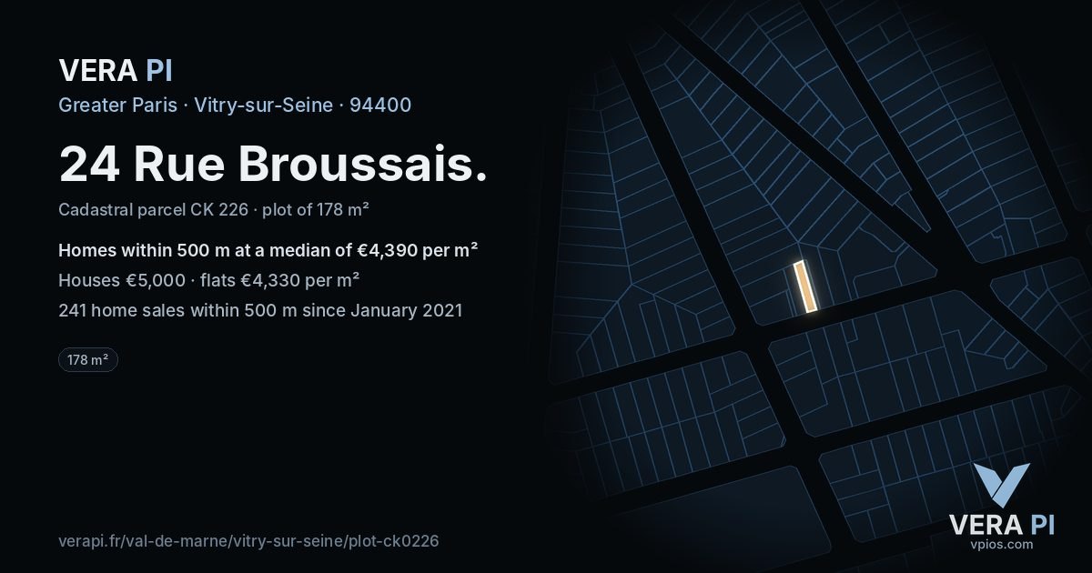 24 Rue Broussais, Vitry-sur-Seine at night – the plot lit, the parcels around coloured by the prices near them