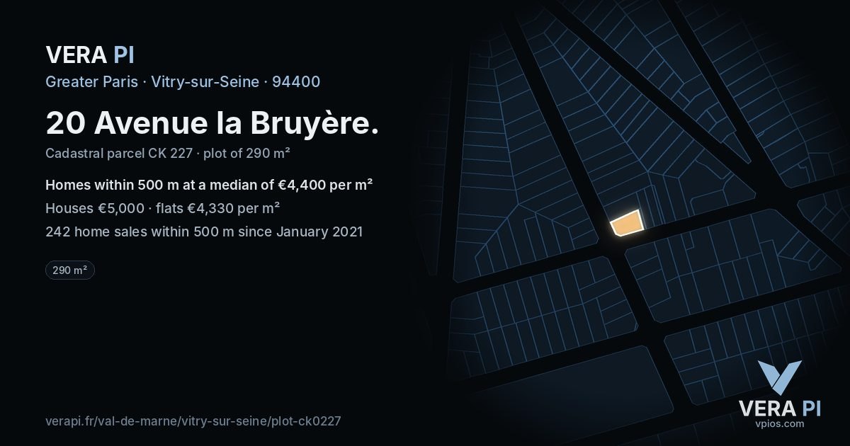 20 Avenue la Bruyère, Vitry-sur-Seine at night – the plot lit, the parcels around coloured by the prices near them