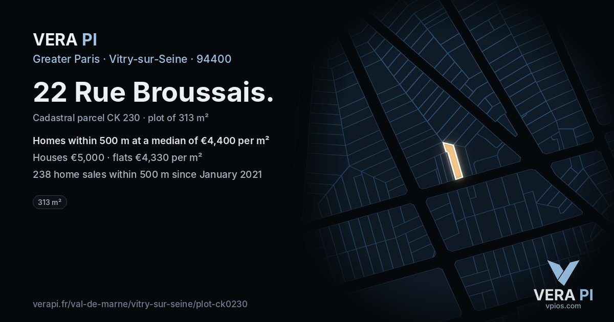 22 Rue Broussais, Vitry-sur-Seine at night – the plot lit, the parcels around coloured by the prices near them