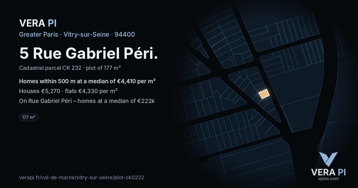 5 Rue Gabriel Péri, Vitry-sur-Seine at night – the plot lit, the parcels around coloured by the prices near them