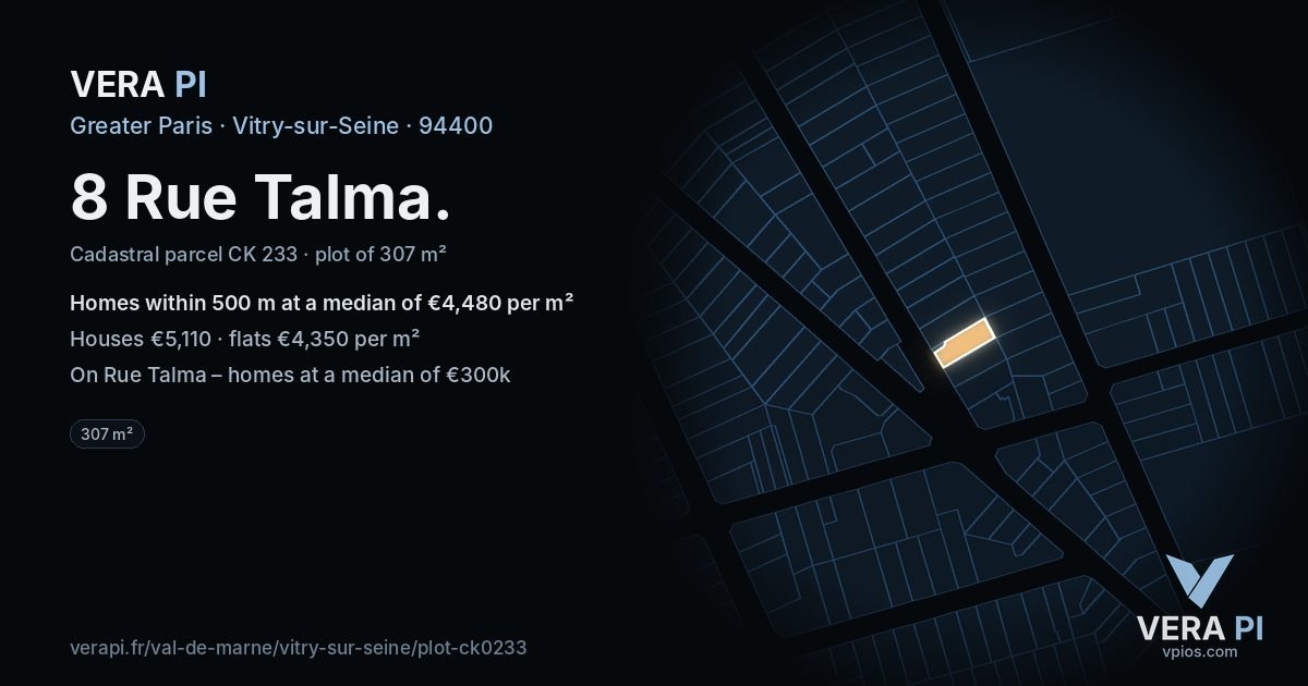8 Rue Talma, Vitry-sur-Seine at night – the plot lit, the parcels around coloured by the prices near them