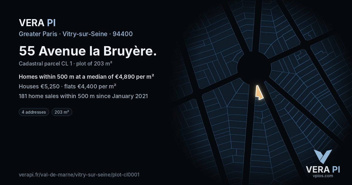 55 Avenue la Bruyère, Vitry-sur-Seine at night – the plot lit, the parcels around coloured by the prices near them
