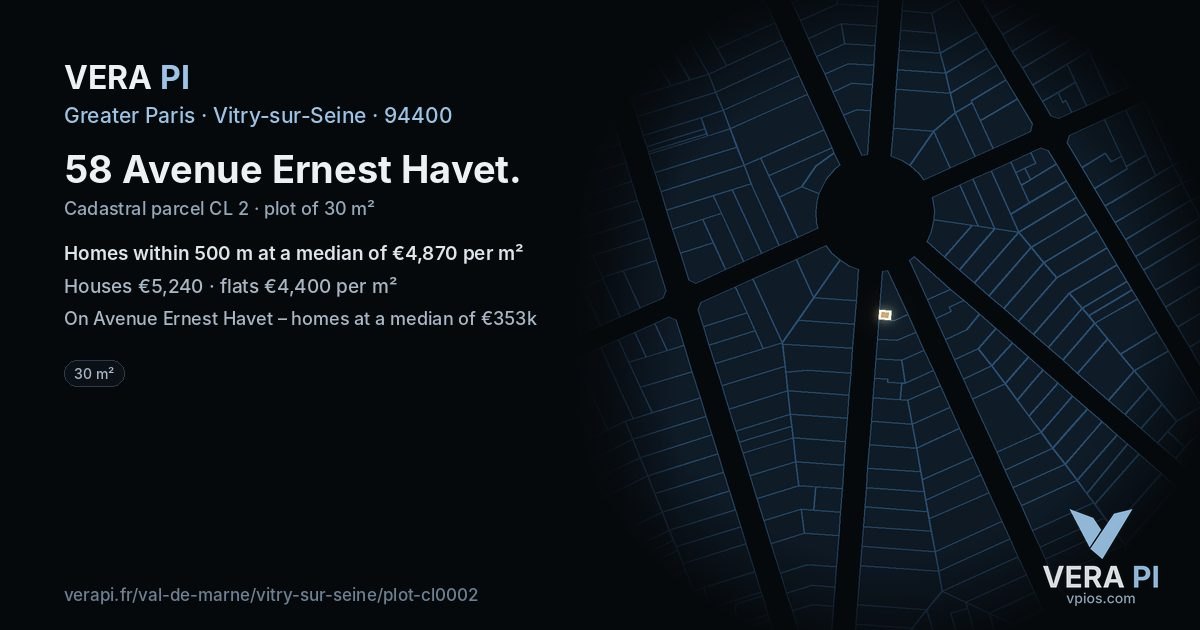 58 Avenue Ernest Havet, Vitry-sur-Seine at night – the plot lit, the parcels around coloured by the prices near them