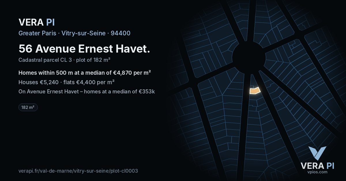 56 Avenue Ernest Havet, Vitry-sur-Seine at night – the plot lit, the parcels around coloured by the prices near them