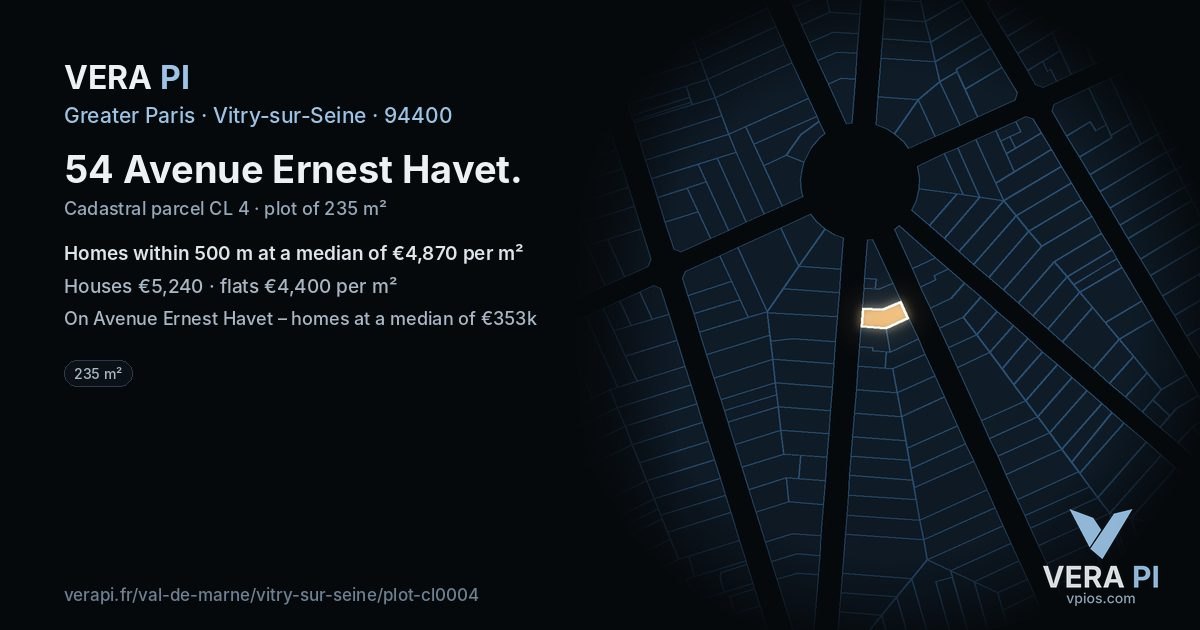 54 Avenue Ernest Havet, Vitry-sur-Seine at night – the plot lit, the parcels around coloured by the prices near them