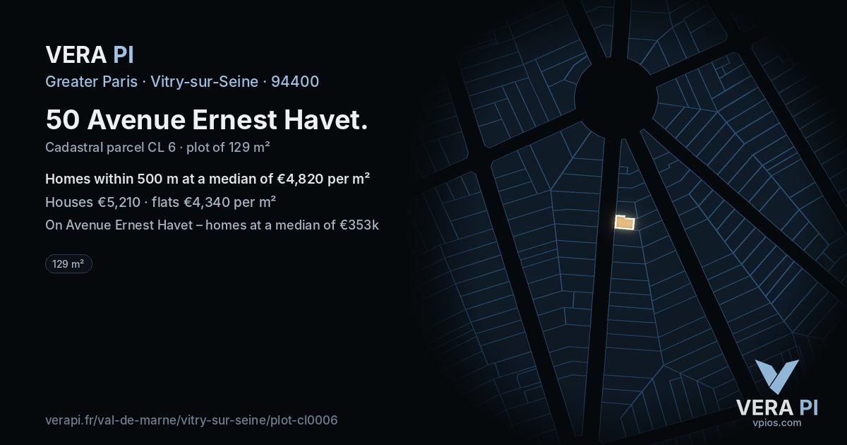 50 Avenue Ernest Havet, Vitry-sur-Seine at night – the plot lit, the parcels around coloured by the prices near them