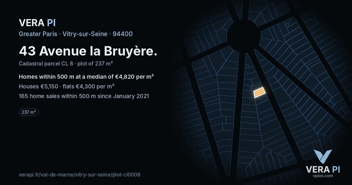 43 Avenue la Bruyère, Vitry-sur-Seine at night – the plot lit, the parcels around coloured by the prices near them
