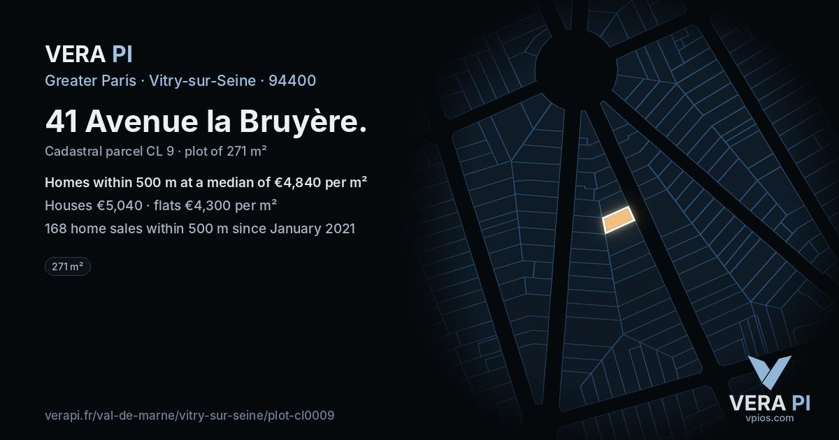 41 Avenue la Bruyère, Vitry-sur-Seine at night – the plot lit, the parcels around coloured by the prices near them