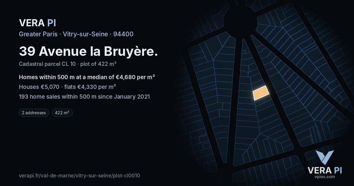 39 Avenue la Bruyère, Vitry-sur-Seine at night – the plot lit, the parcels around coloured by the prices near them