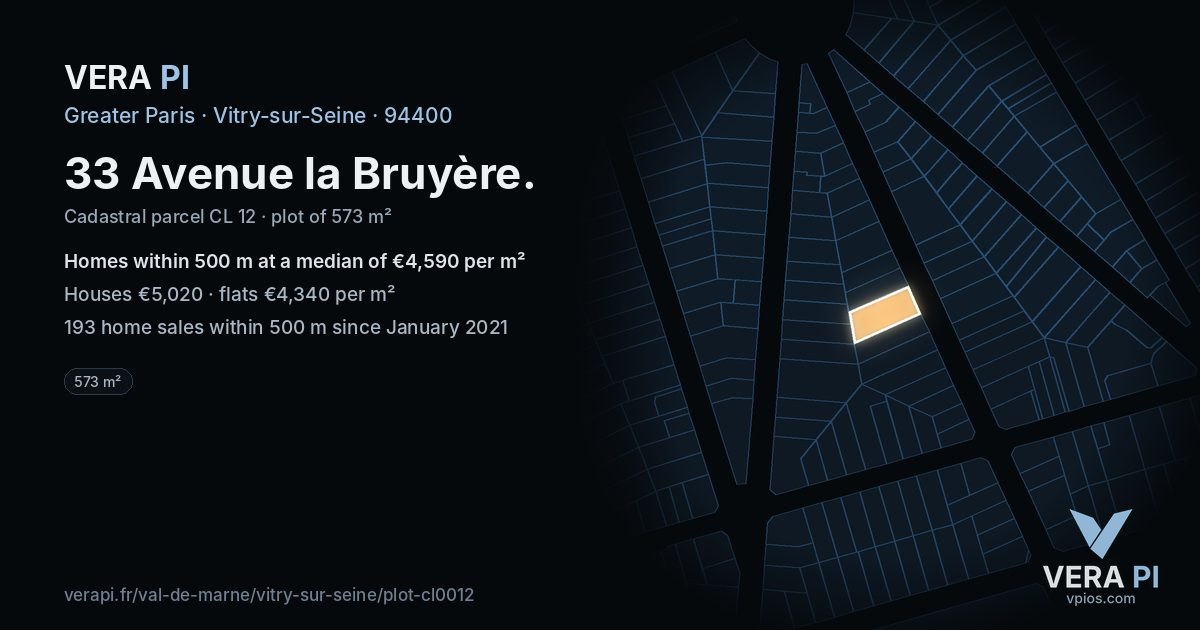 33 Avenue la Bruyère, Vitry-sur-Seine at night – the plot lit, the parcels around coloured by the prices near them
