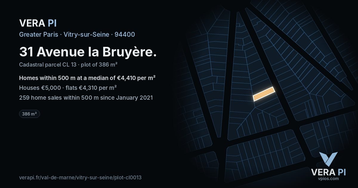31 Avenue la Bruyère, Vitry-sur-Seine at night – the plot lit, the parcels around coloured by the prices near them