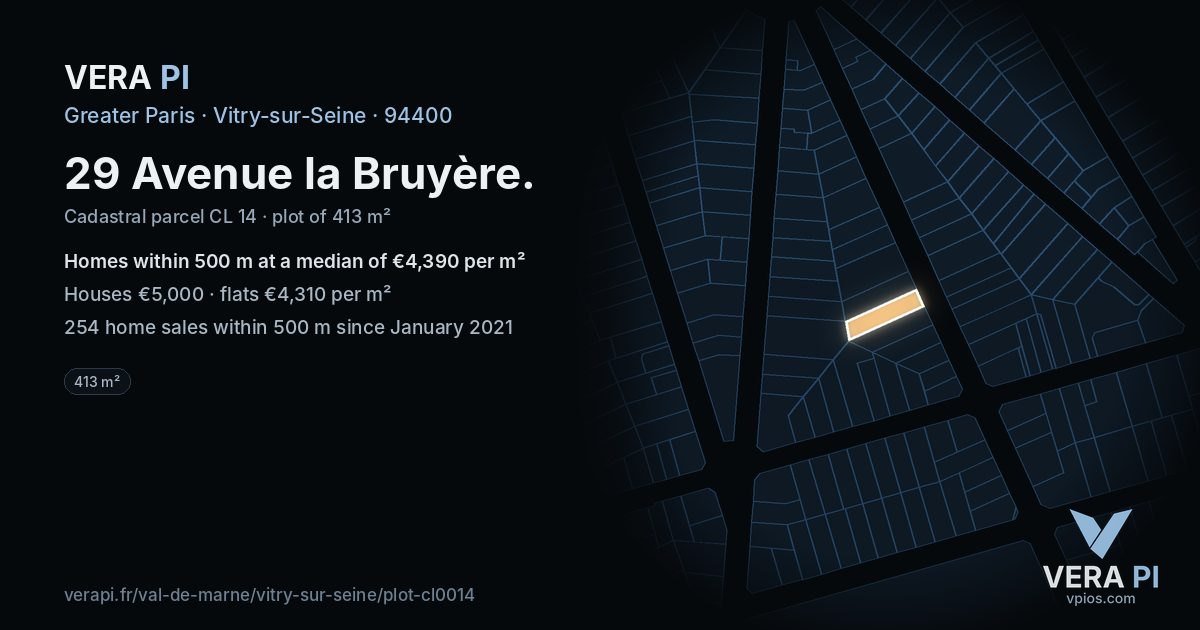 29 Avenue la Bruyère, Vitry-sur-Seine at night – the plot lit, the parcels around coloured by the prices near them