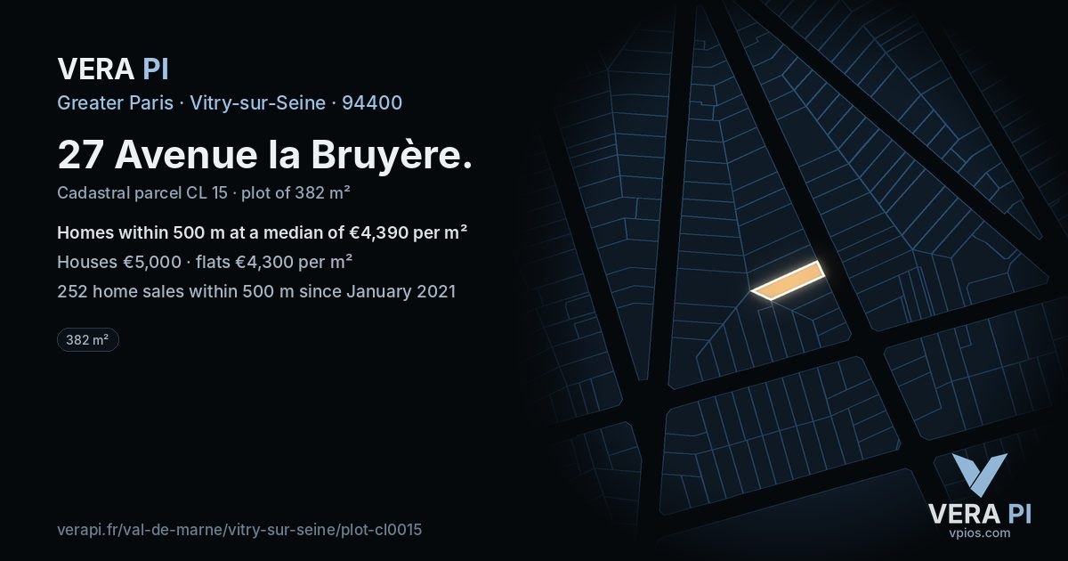 27 Avenue la Bruyère, Vitry-sur-Seine at night – the plot lit, the parcels around coloured by the prices near them
