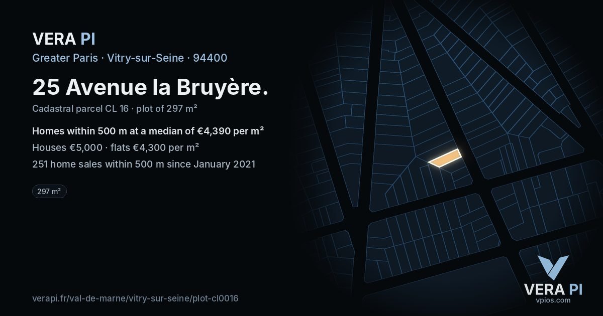 25 Avenue la Bruyère, Vitry-sur-Seine at night – the plot lit, the parcels around coloured by the prices near them