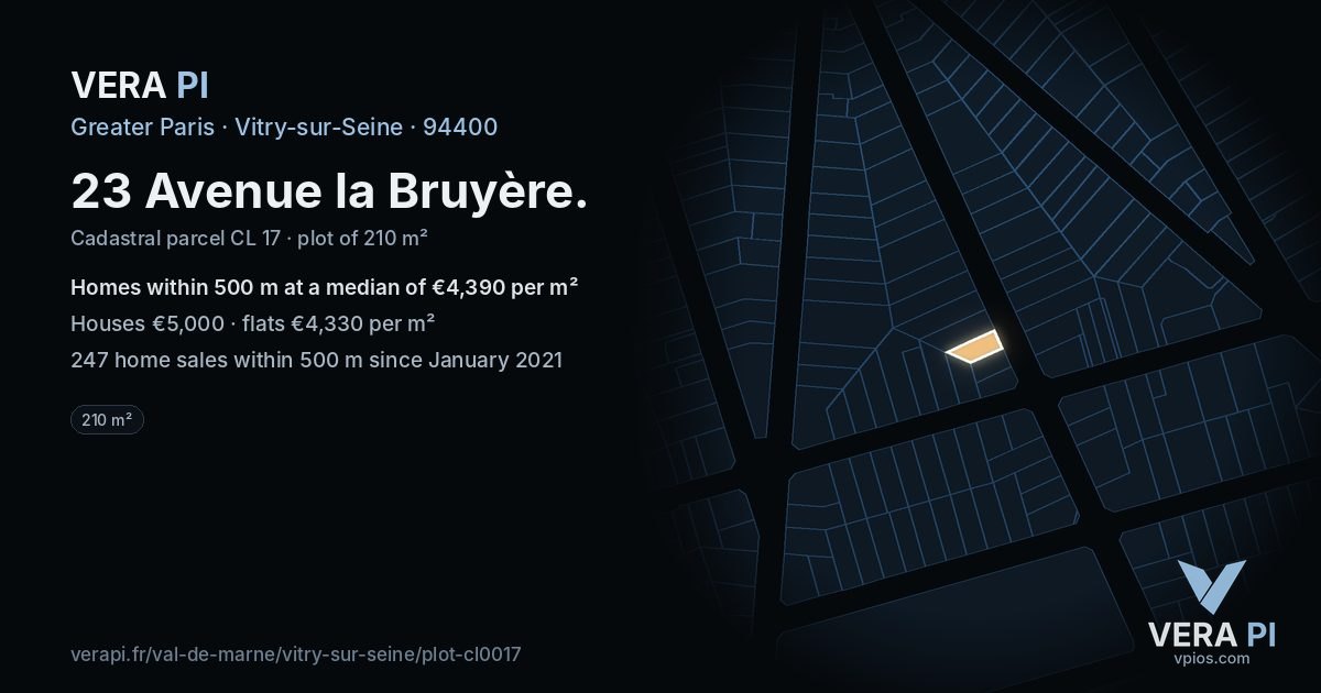 23 Avenue la Bruyère, Vitry-sur-Seine at night – the plot lit, the parcels around coloured by the prices near them