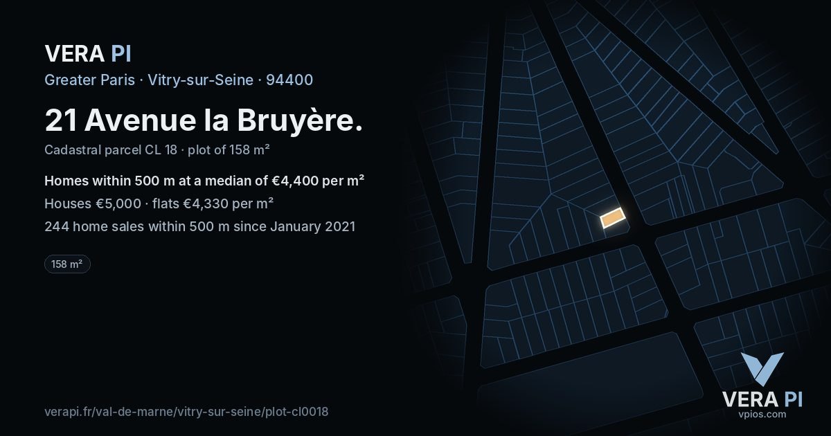 21 Avenue la Bruyère, Vitry-sur-Seine at night – the plot lit, the parcels around coloured by the prices near them