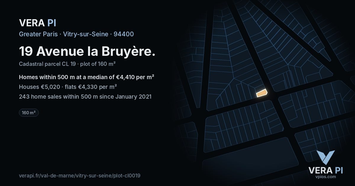19 Avenue la Bruyère, Vitry-sur-Seine at night – the plot lit, the parcels around coloured by the prices near them