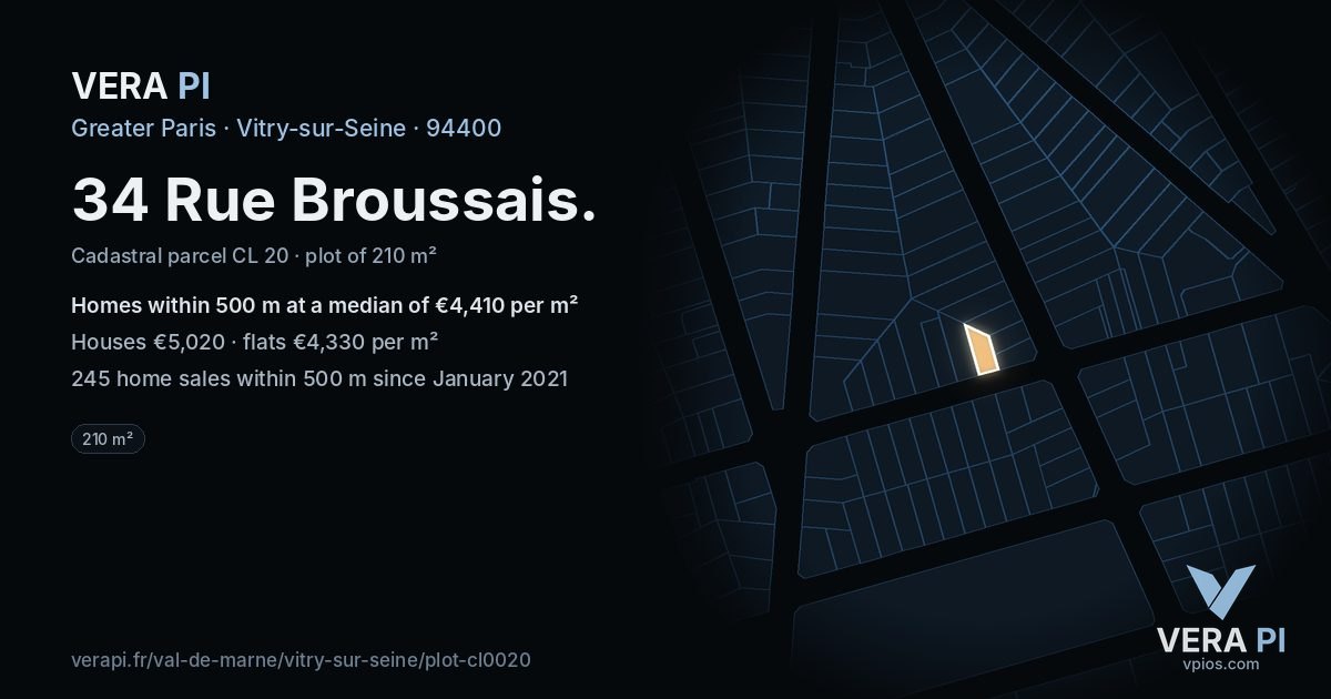 34 Rue Broussais, Vitry-sur-Seine at night – the plot lit, the parcels around coloured by the prices near them