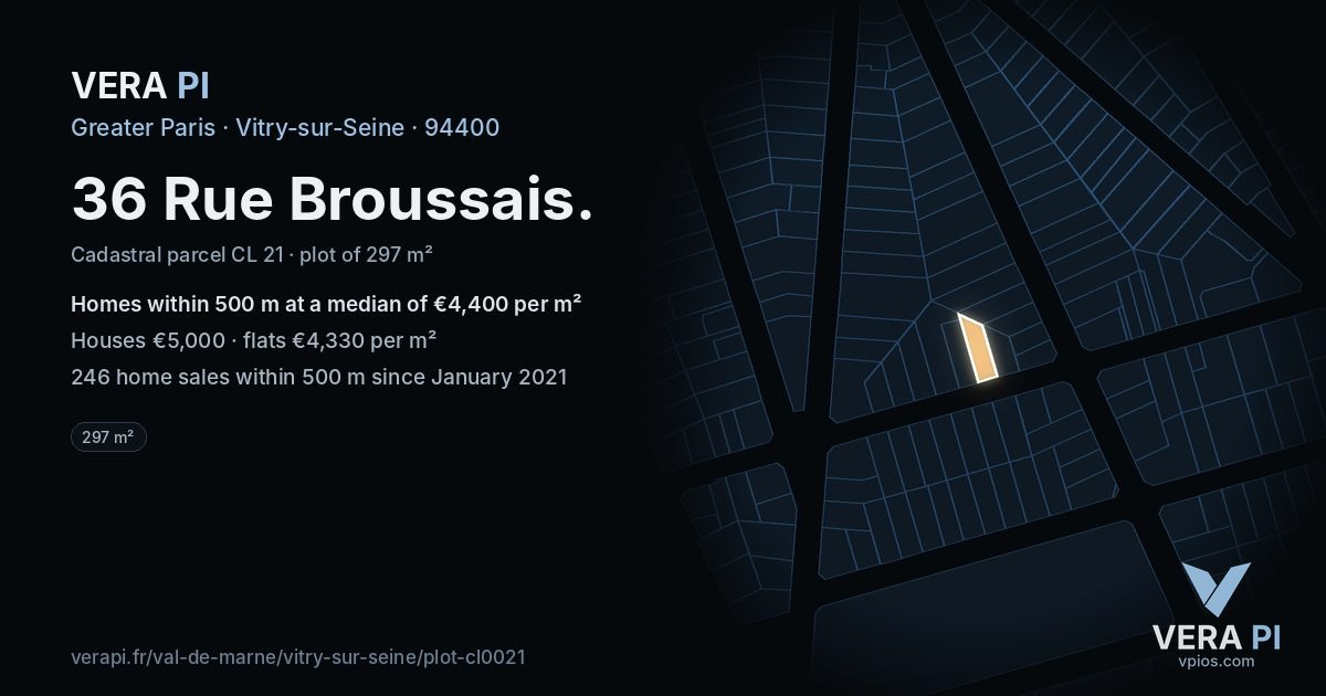 36 Rue Broussais, Vitry-sur-Seine at night – the plot lit, the parcels around coloured by the prices near them