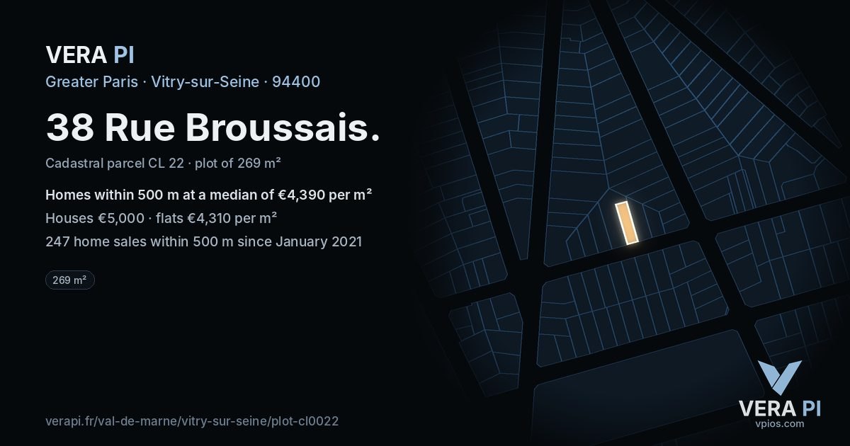38 Rue Broussais, Vitry-sur-Seine at night – the plot lit, the parcels around coloured by the prices near them
