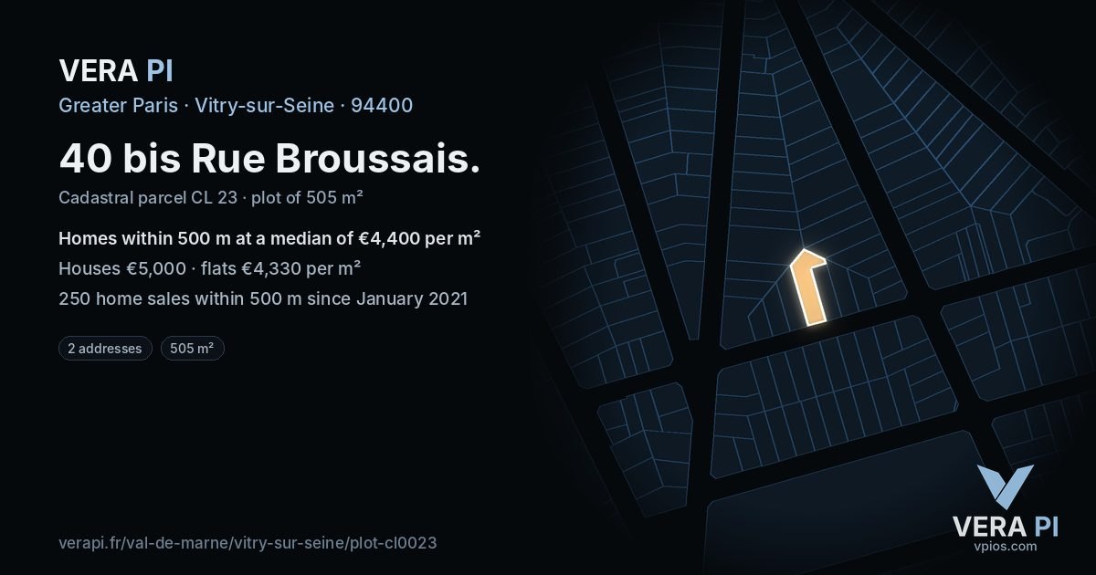 40 bis Rue Broussais, Vitry-sur-Seine at night – the plot lit, the parcels around coloured by the prices near them