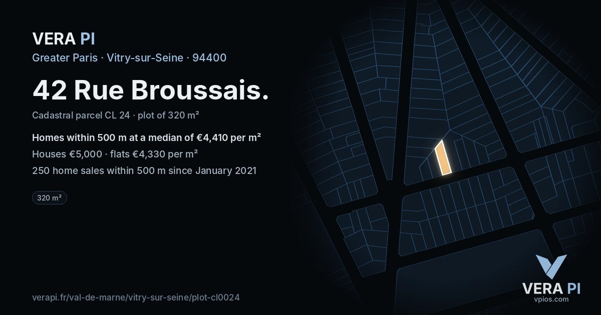 42 Rue Broussais, Vitry-sur-Seine at night – the plot lit, the parcels around coloured by the prices near them