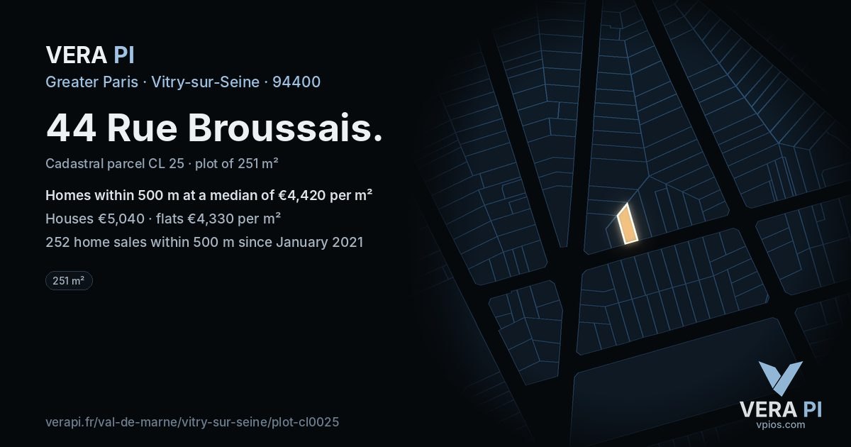 44 Rue Broussais, Vitry-sur-Seine at night – the plot lit, the parcels around coloured by the prices near them