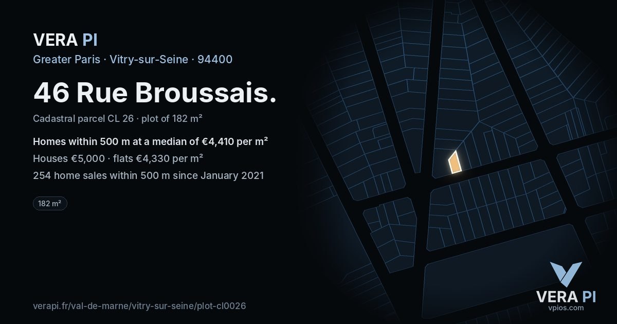 46 Rue Broussais, Vitry-sur-Seine at night – the plot lit, the parcels around coloured by the prices near them