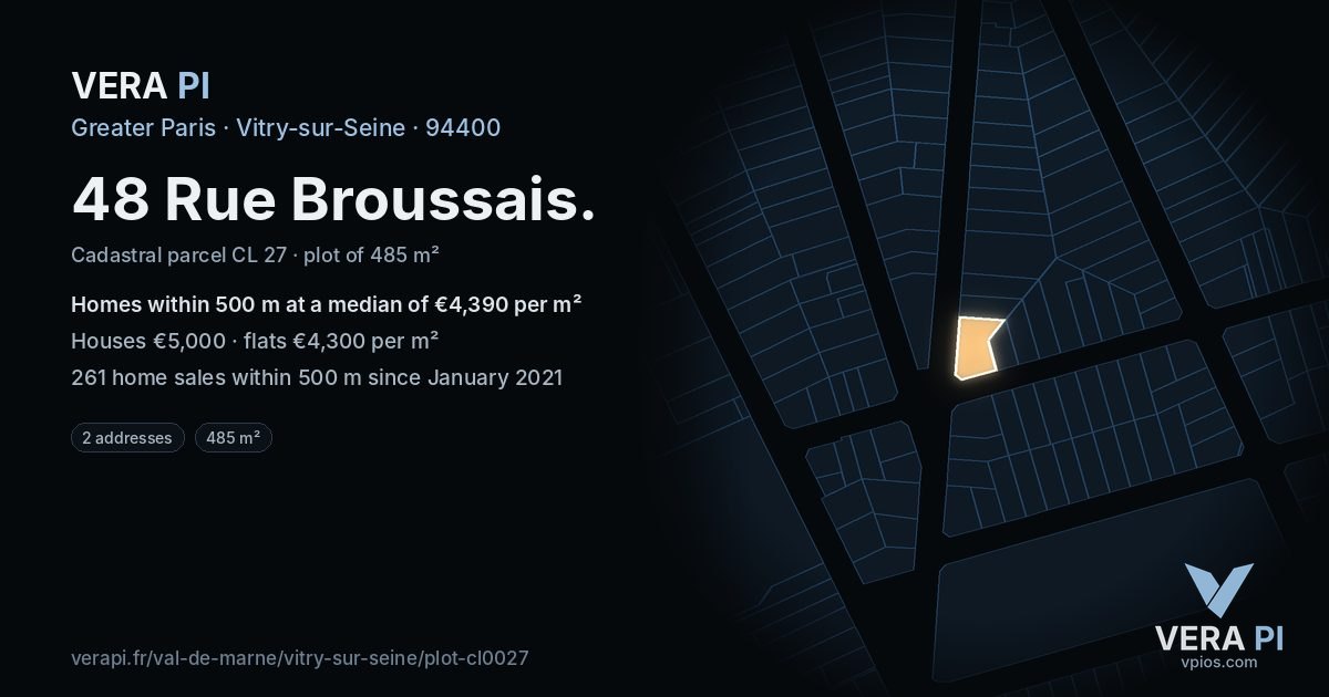 48 Rue Broussais, Vitry-sur-Seine at night – the plot lit, the parcels around coloured by the prices near them