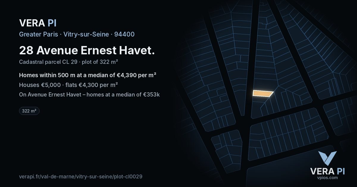28 Avenue Ernest Havet, Vitry-sur-Seine at night – the plot lit, the parcels around coloured by the prices near them