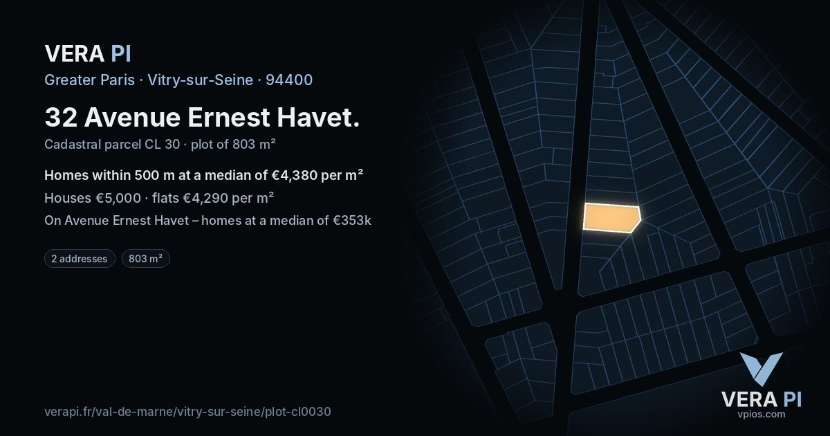 32 Avenue Ernest Havet, Vitry-sur-Seine at night – the plot lit, the parcels around coloured by the prices near them