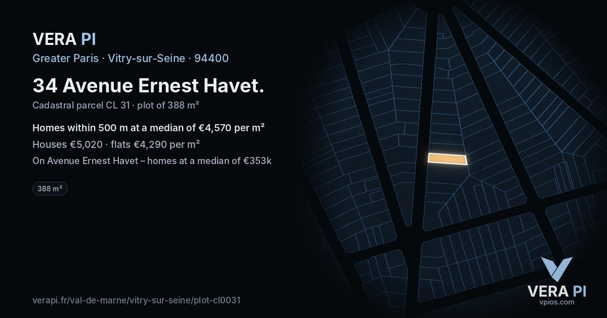 34 Avenue Ernest Havet, Vitry-sur-Seine at night – the plot lit, the parcels around coloured by the prices near them