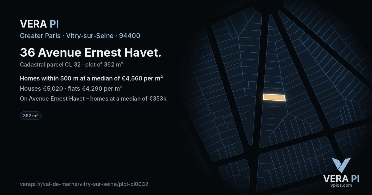 36 Avenue Ernest Havet, Vitry-sur-Seine at night – the plot lit, the parcels around coloured by the prices near them