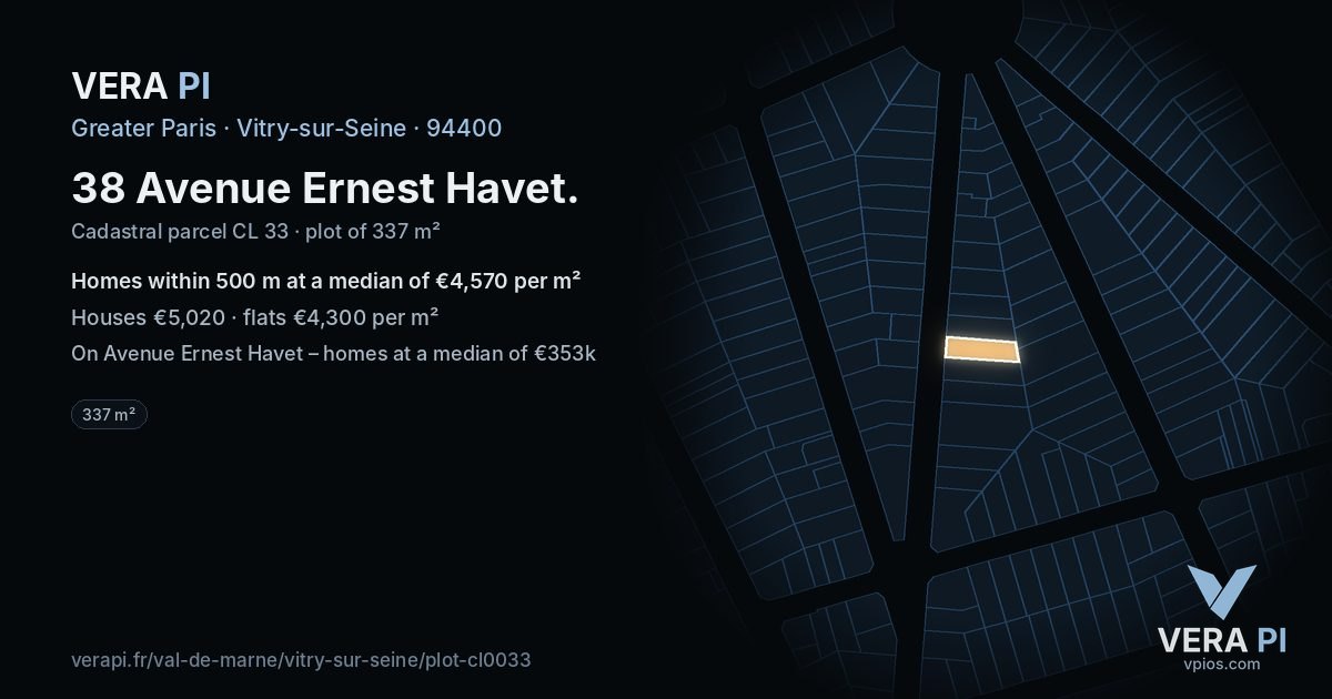 38 Avenue Ernest Havet, Vitry-sur-Seine at night – the plot lit, the parcels around coloured by the prices near them