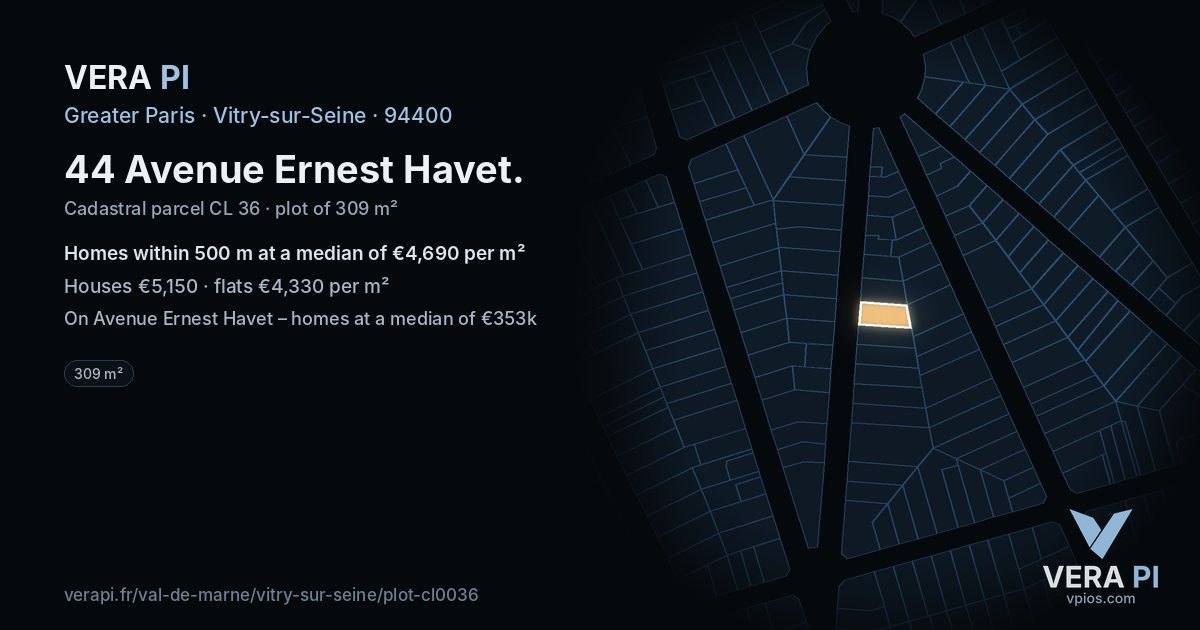 44 Avenue Ernest Havet, Vitry-sur-Seine at night – the plot lit, the parcels around coloured by the prices near them