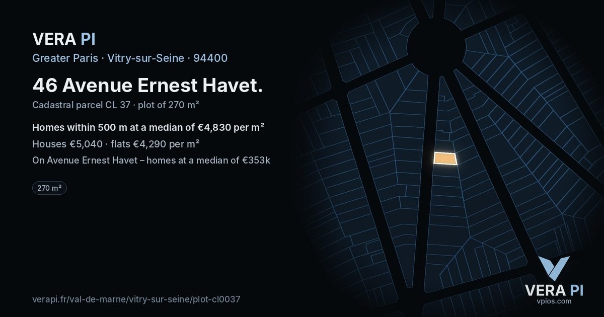 46 Avenue Ernest Havet, Vitry-sur-Seine at night – the plot lit, the parcels around coloured by the prices near them