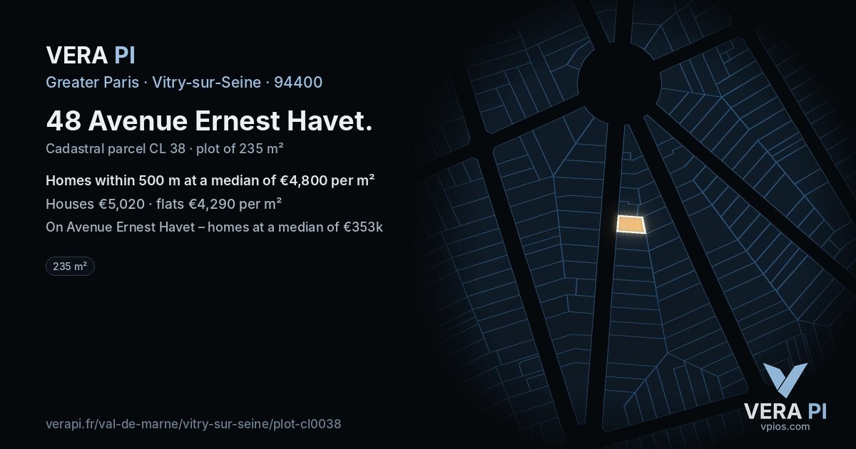 48 Avenue Ernest Havet, Vitry-sur-Seine at night – the plot lit, the parcels around coloured by the prices near them